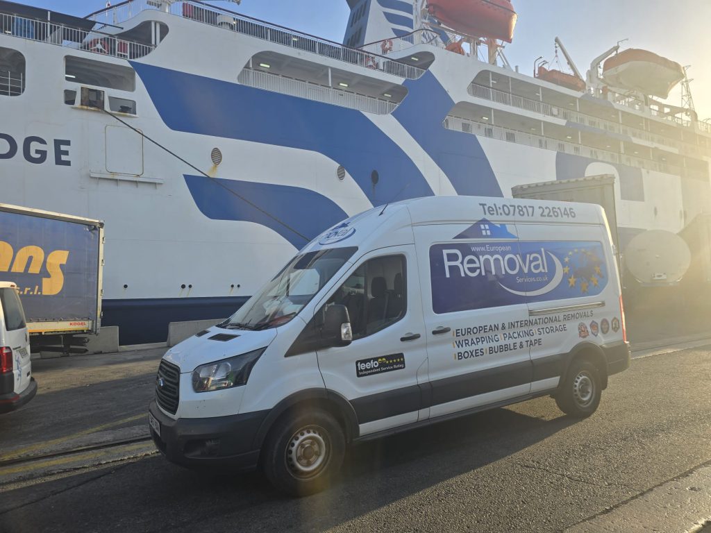 European Removal Services van at the Barcelona ferry for removals to Menorca